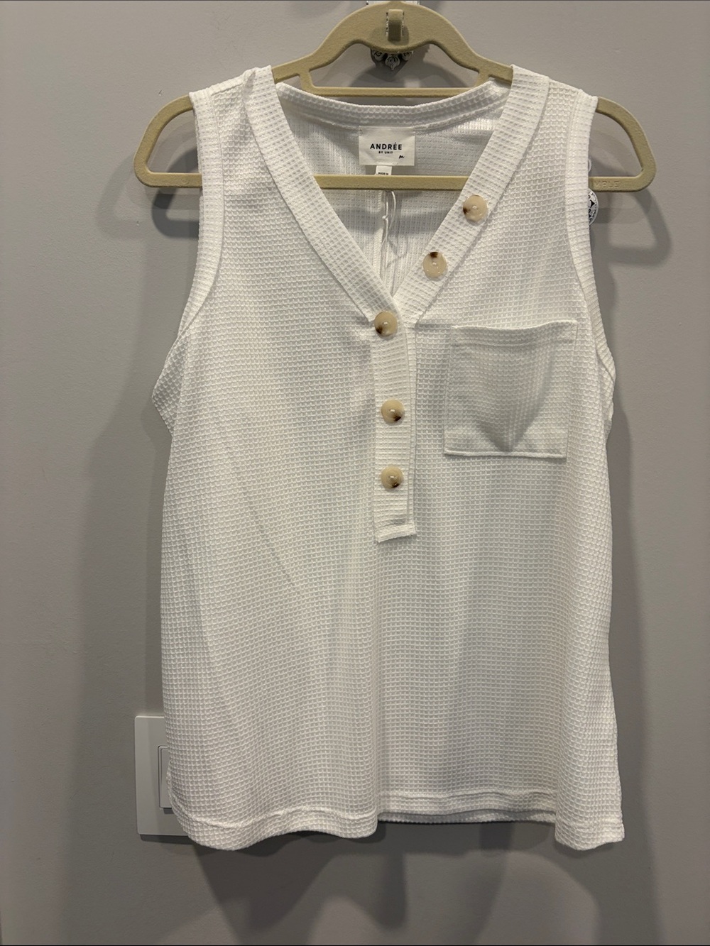 Andree White Sleeveless Waffle Knit Henley Tank